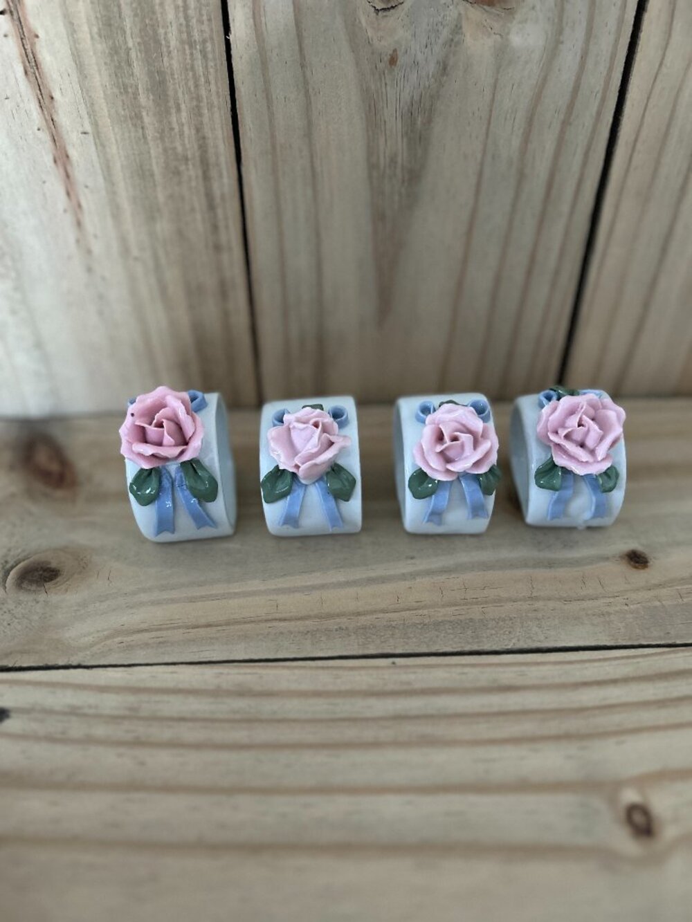 Vintage Set of 4 Bone China Napkin Rings Rose Pattern China Red Paper Label